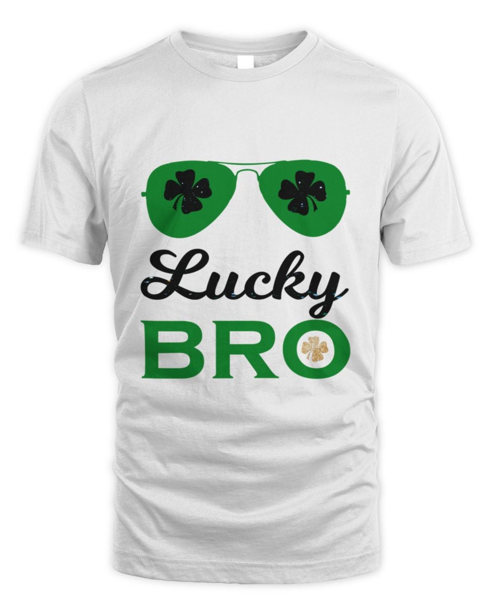 White t-shirt with clover sunglasses and "Lucky BRo" front graphic
