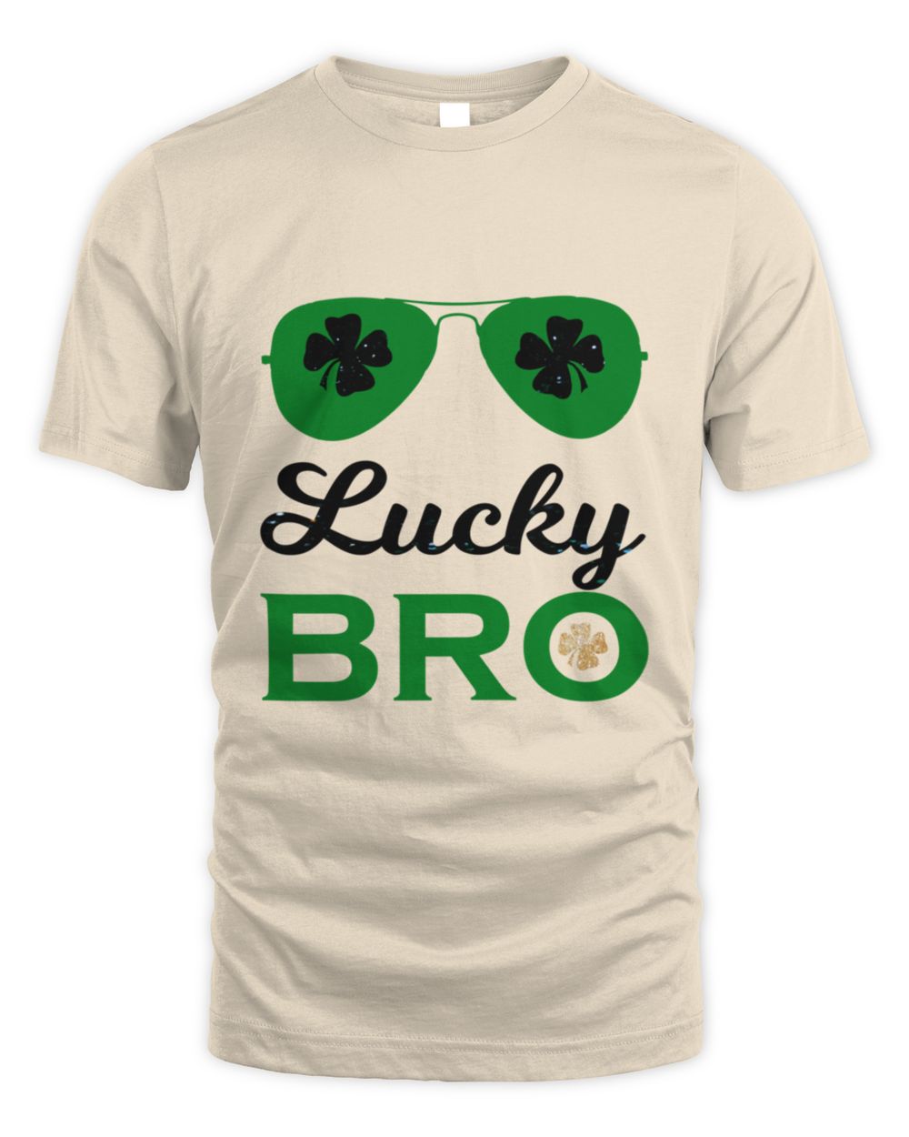 Sand-colored t-shirt with clover sunglasses and "Lucky BRo" front graphic
