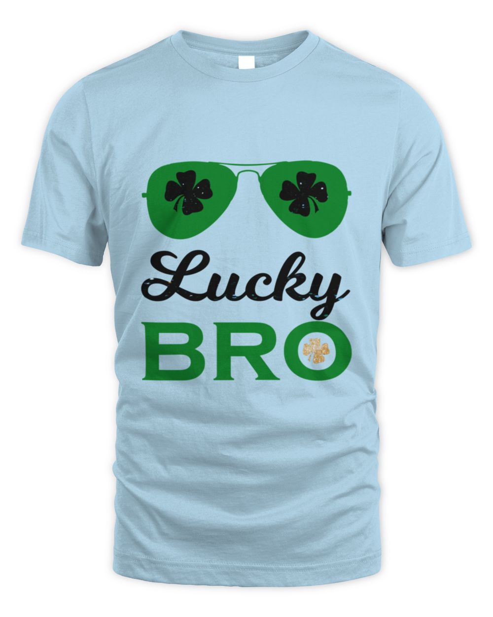 Light blue t-shirt with clover sunglasses and "Lucky BRo" front graphic