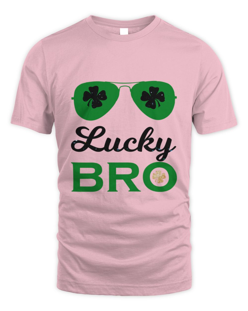 Light pink t-shirt with clover sunglasses and "Lucky BRo" front graphic