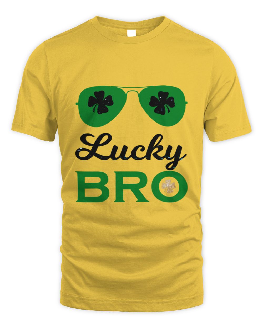Yellow t-shirt with clover sunglasses and "Lucky BRo" front graphic