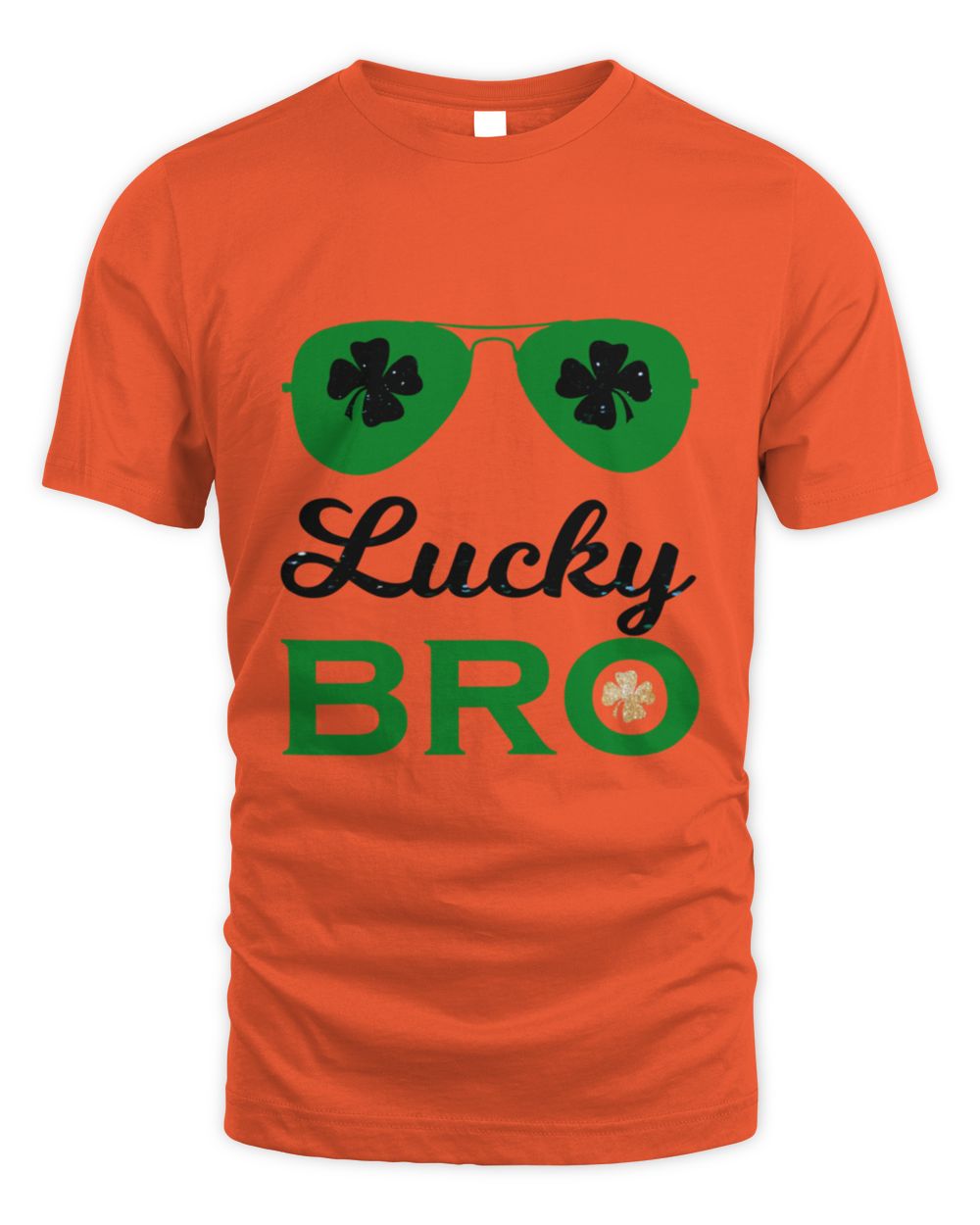 Orange t-shirt with clover sunglasses and "Lucky BRo" front graphic