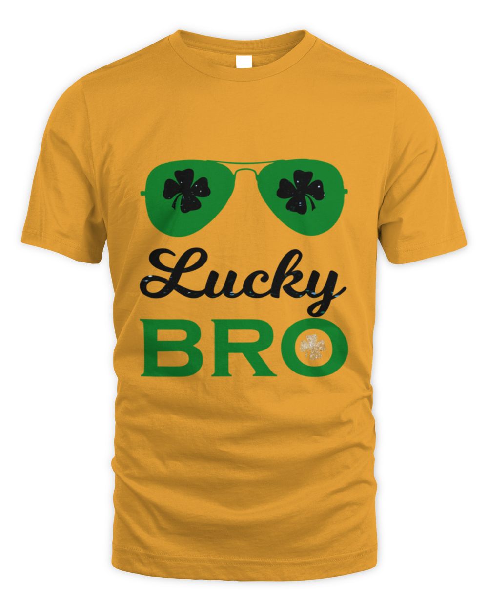 Gold t-shirt with clover sunglasses and "Lucky BRo" front graphic