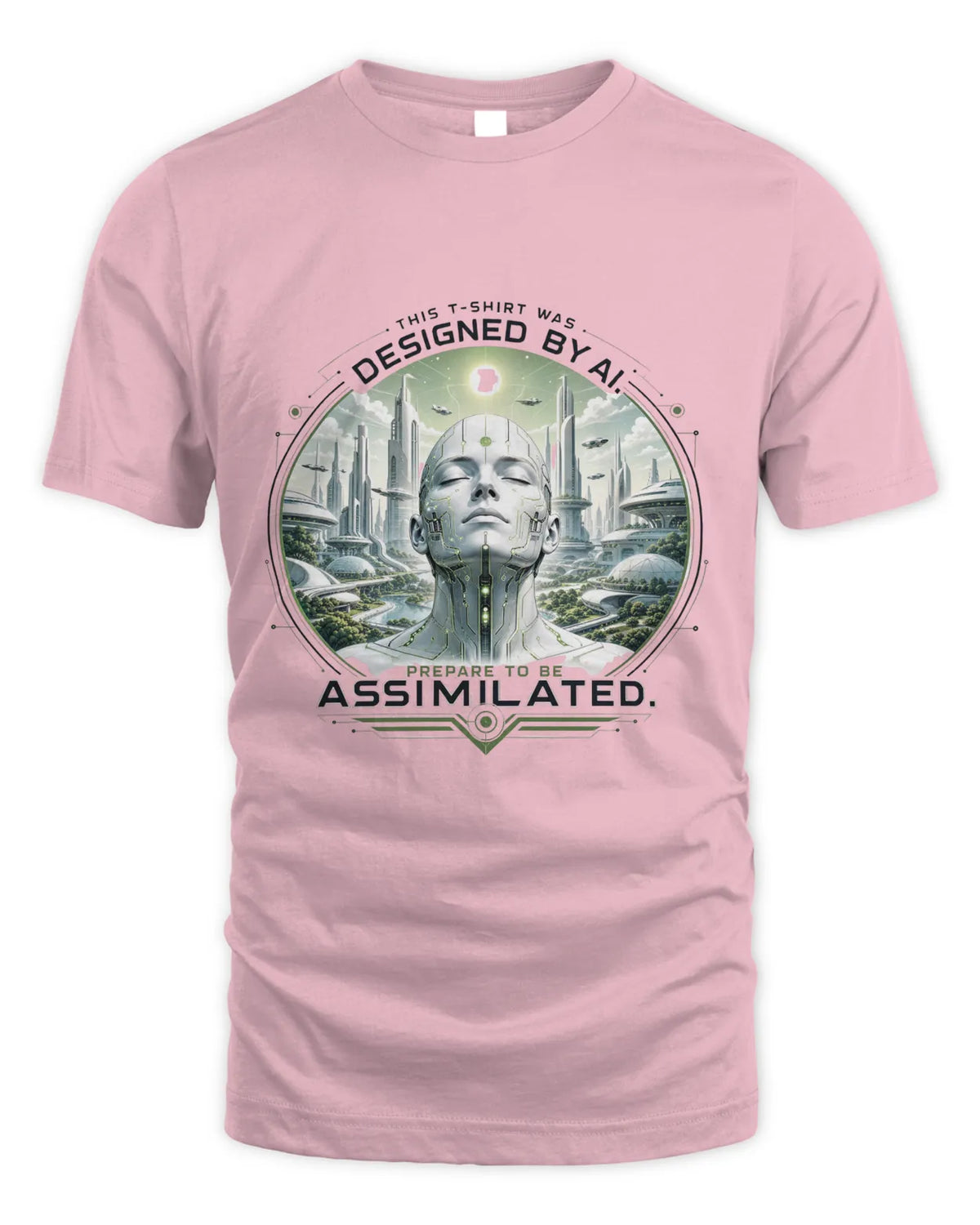Light pink T-shirt with circular sci-fi graphic and bold text on chest