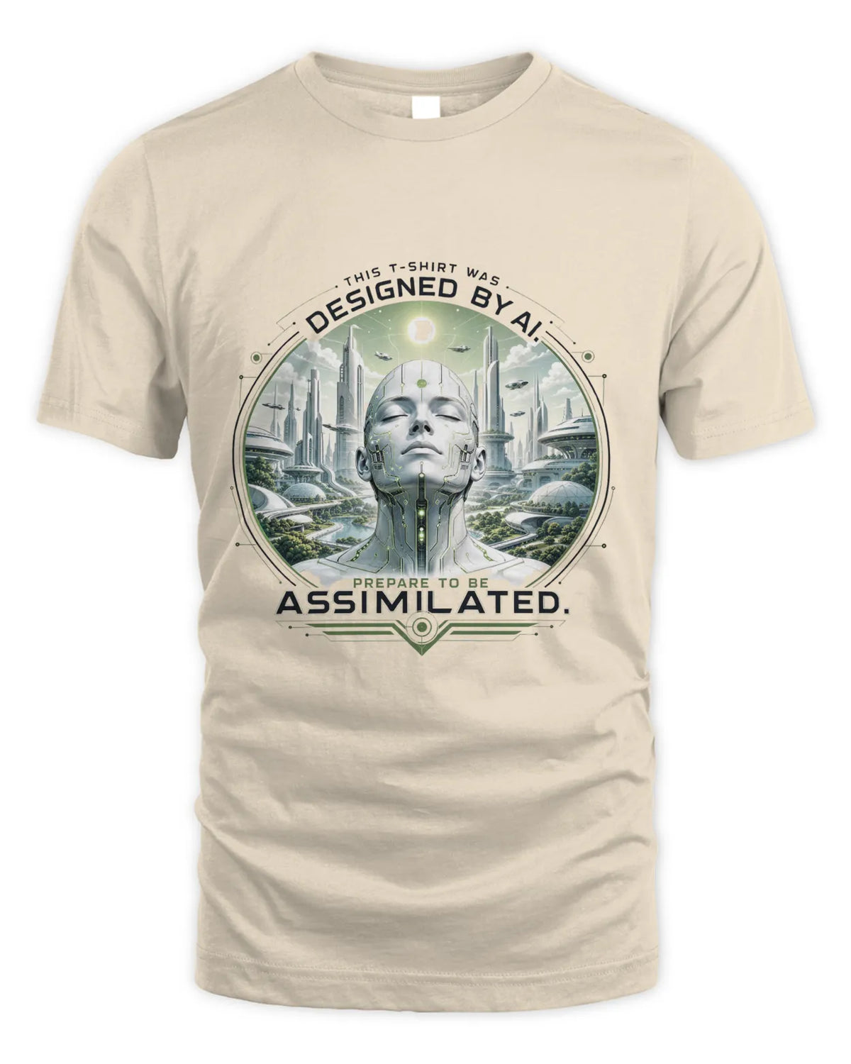 Sand T-shirt with centered circular sci-fi graphic and lettering print