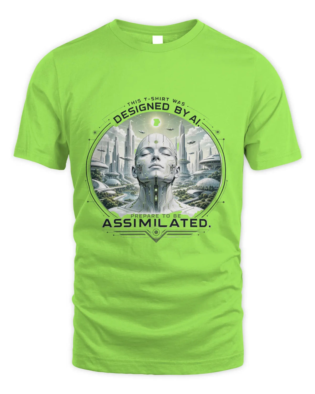 Lime green T-shirt with circular sci-fi graphic and text printed on chest