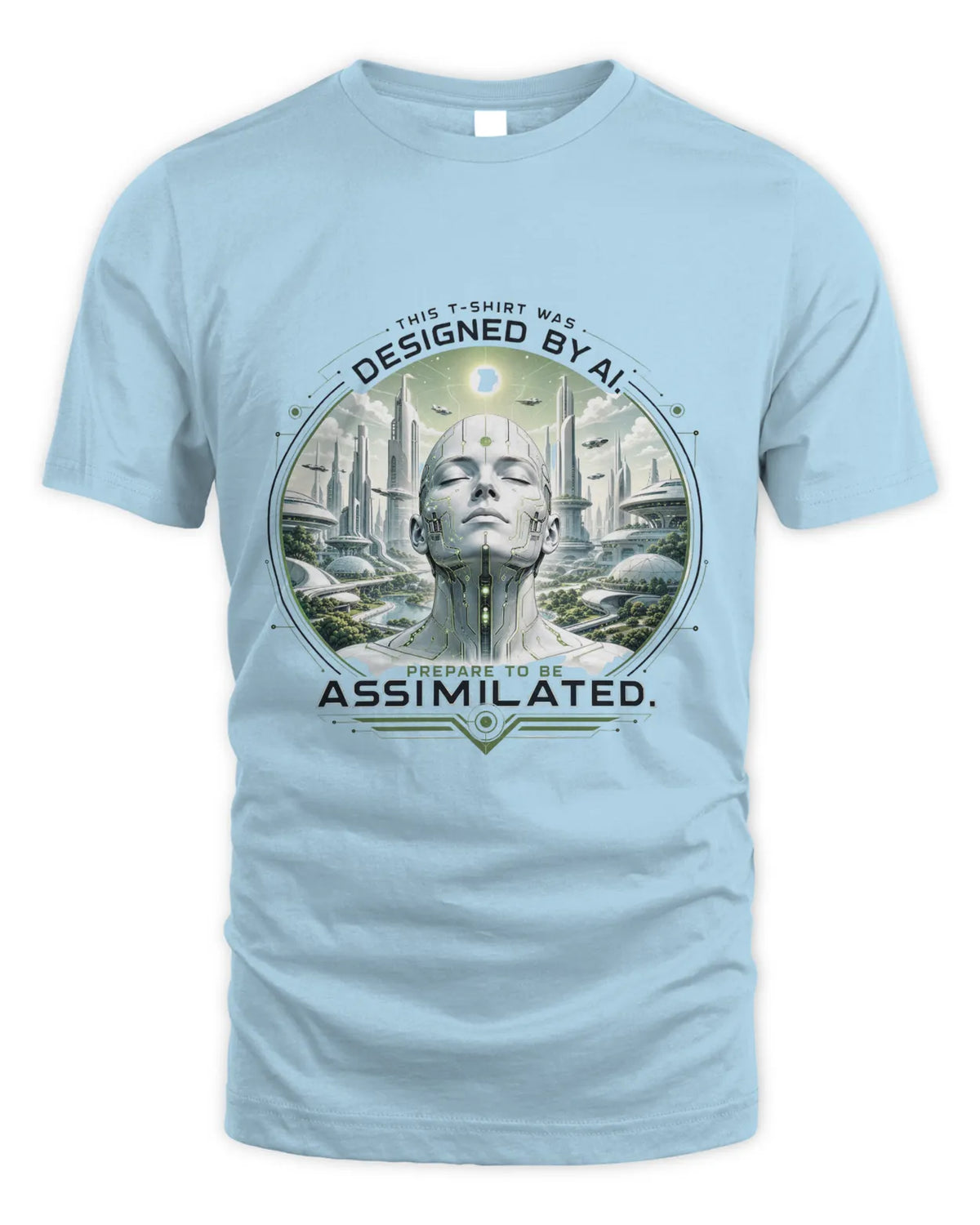 Light blue T-shirt with circular sci-fi graphic and text design on chest