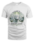 White T-shirt with large circular sci-fi graphic on the chest