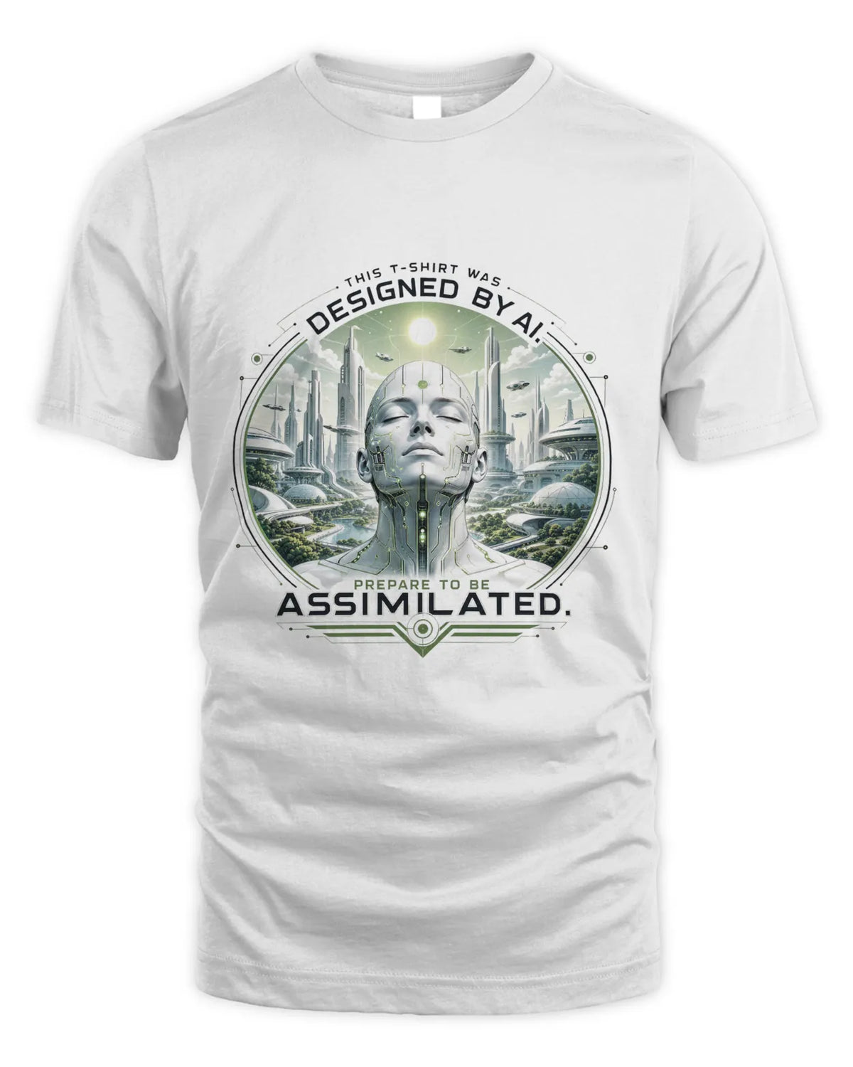 White T-shirt with large circular sci-fi graphic on the chest
