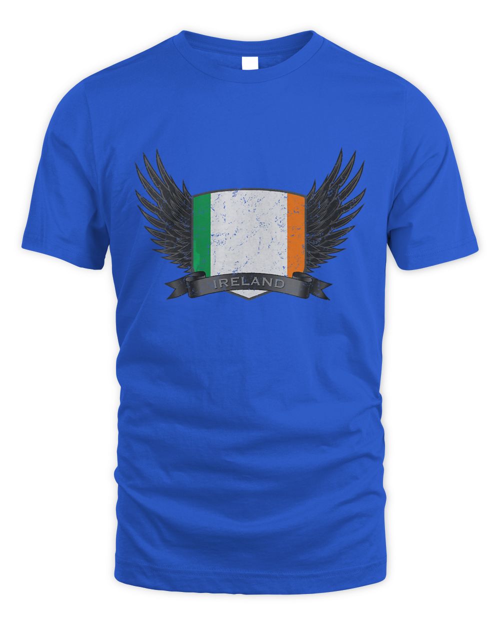 Women’s V-neck t-shirt in royal blue with Ireland shield and wing graphic