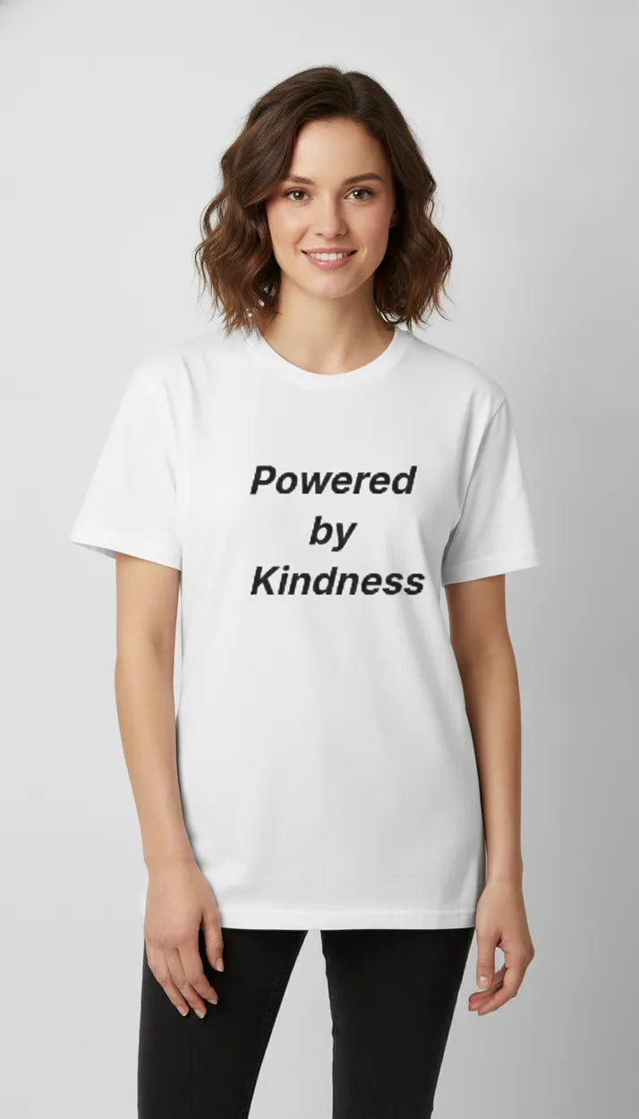 White crewneck T-shirt with 'Powered by Kindness' graphic