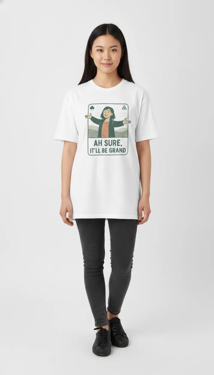 White graphic T-shirt with front slogan and character illustration