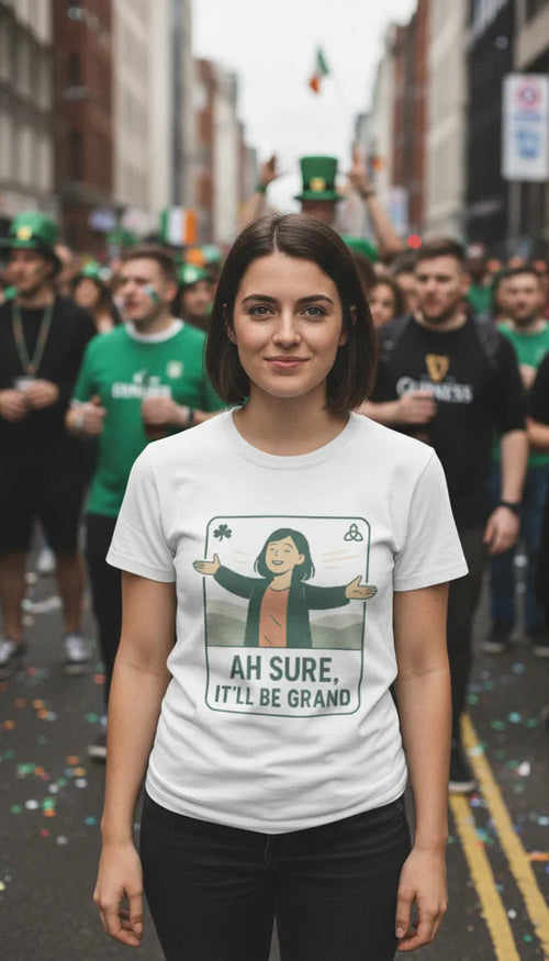 White graphic T-shirt close-up with character holding sign and slogan