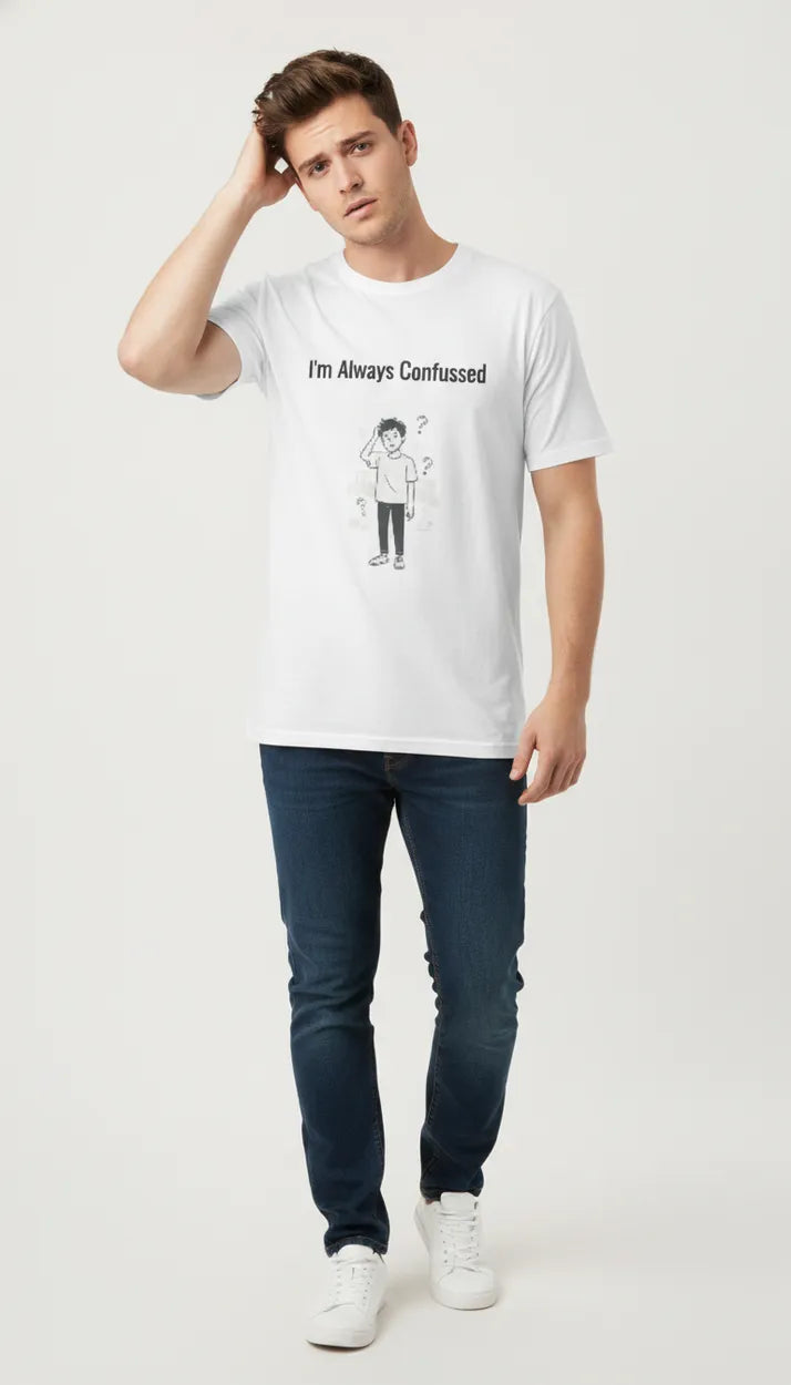 White crewneck graphic T-shirt with character and slogan print, short sleeves