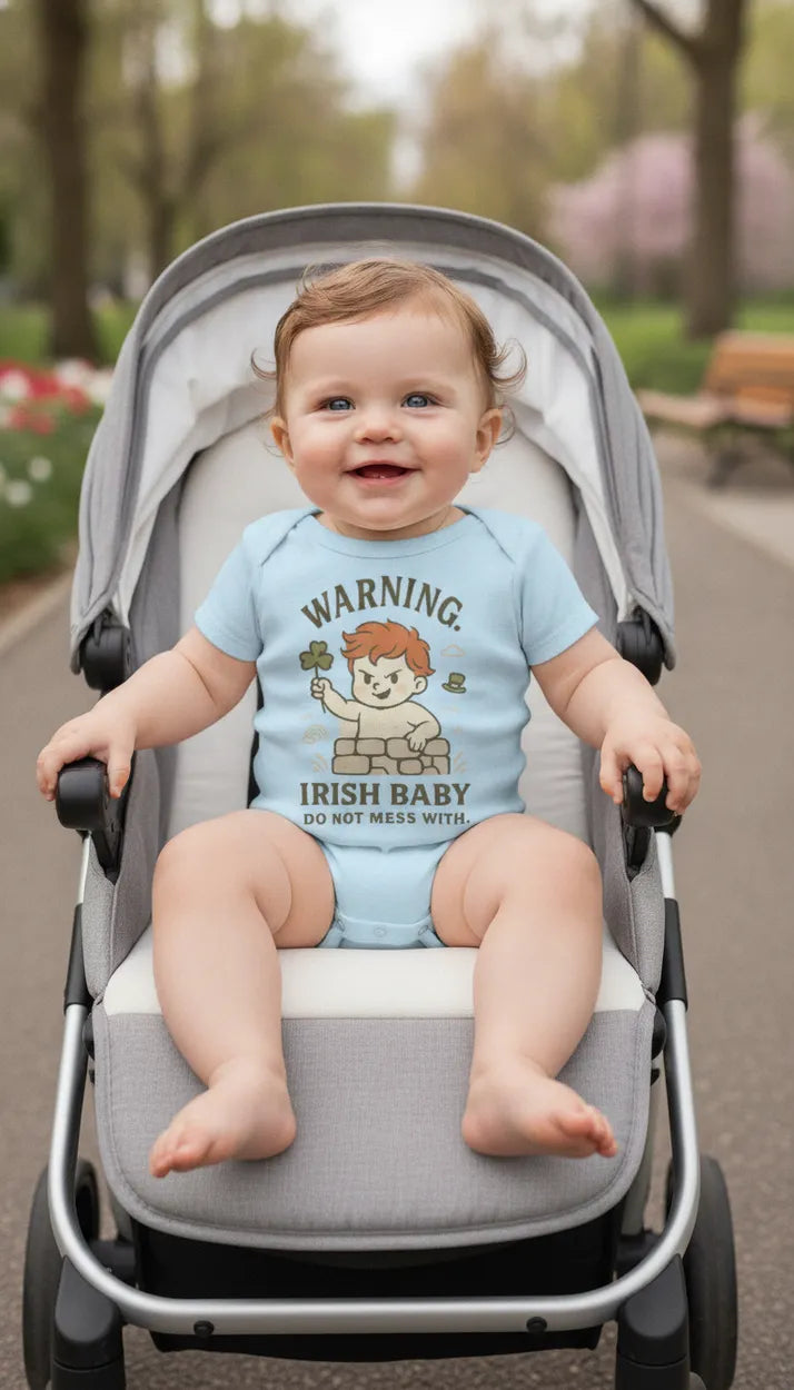 Light blue baby bodysuit with cartoon warning print, in stroller