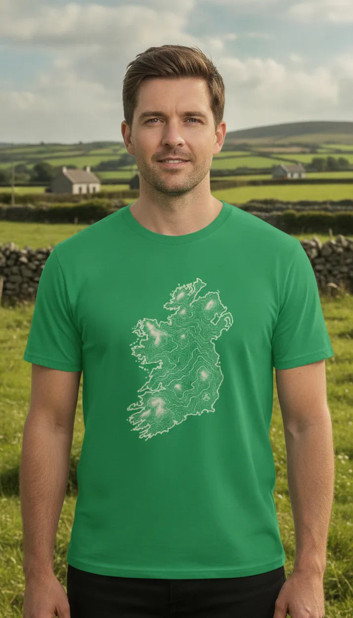 Green crew-neck T-shirt worn by a model with a white Ireland map graphic on front.