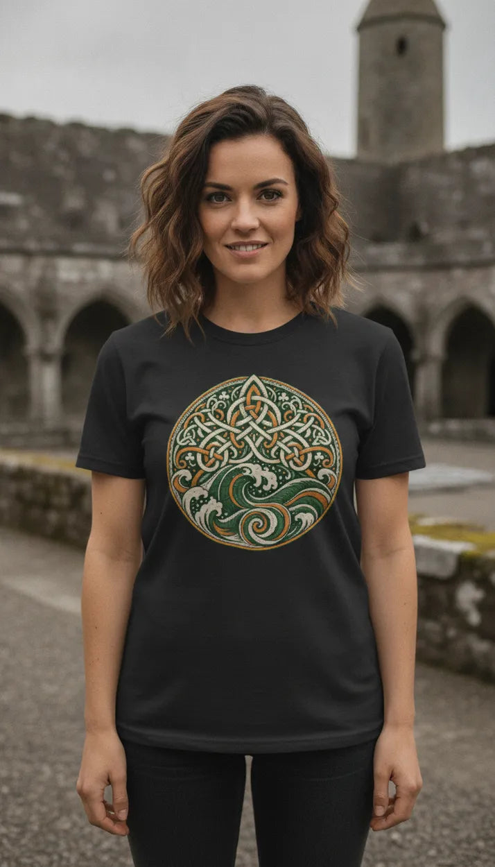 Black crewneck T-shirt with gold and green Celtic circular design on chest