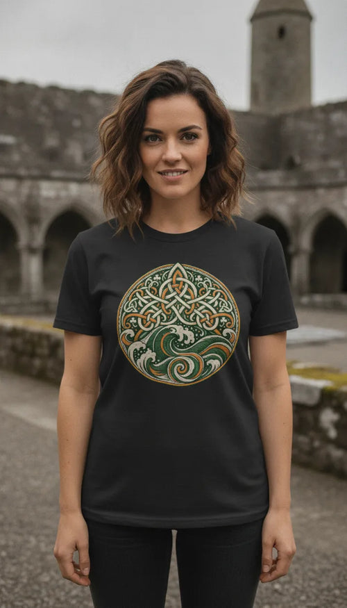 Black crewneck T-shirt with gold and green Celtic circular design on chest