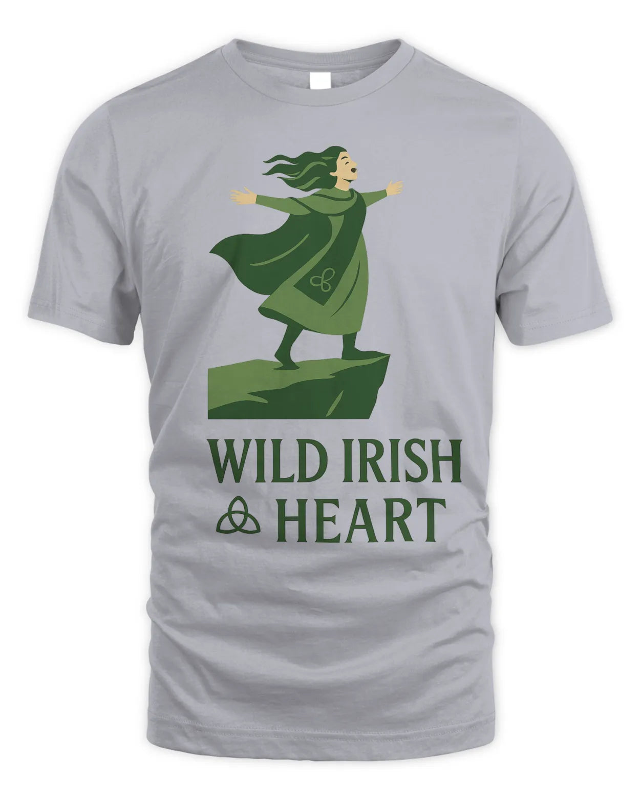 Light gray T-shirt with green illustrated Irish dancer graphic on chest, crew neck, short sleeves