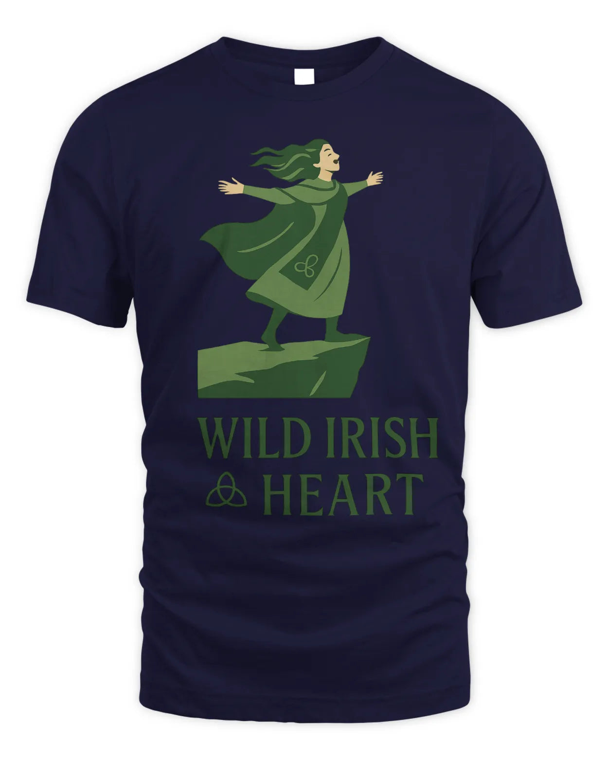 Navy T-shirt with green illustrated Irish dancer graphic on chest, crew neck, short sleeves