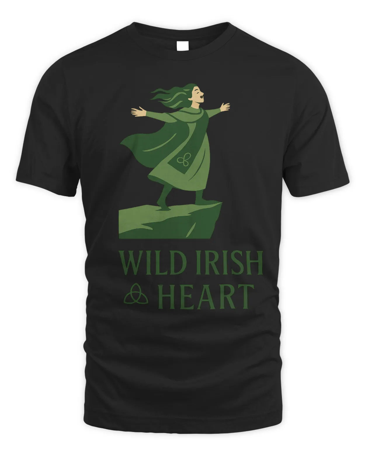 Black T-shirt with green illustrated Irish dancer graphic on chest, crew neck, short sleeves