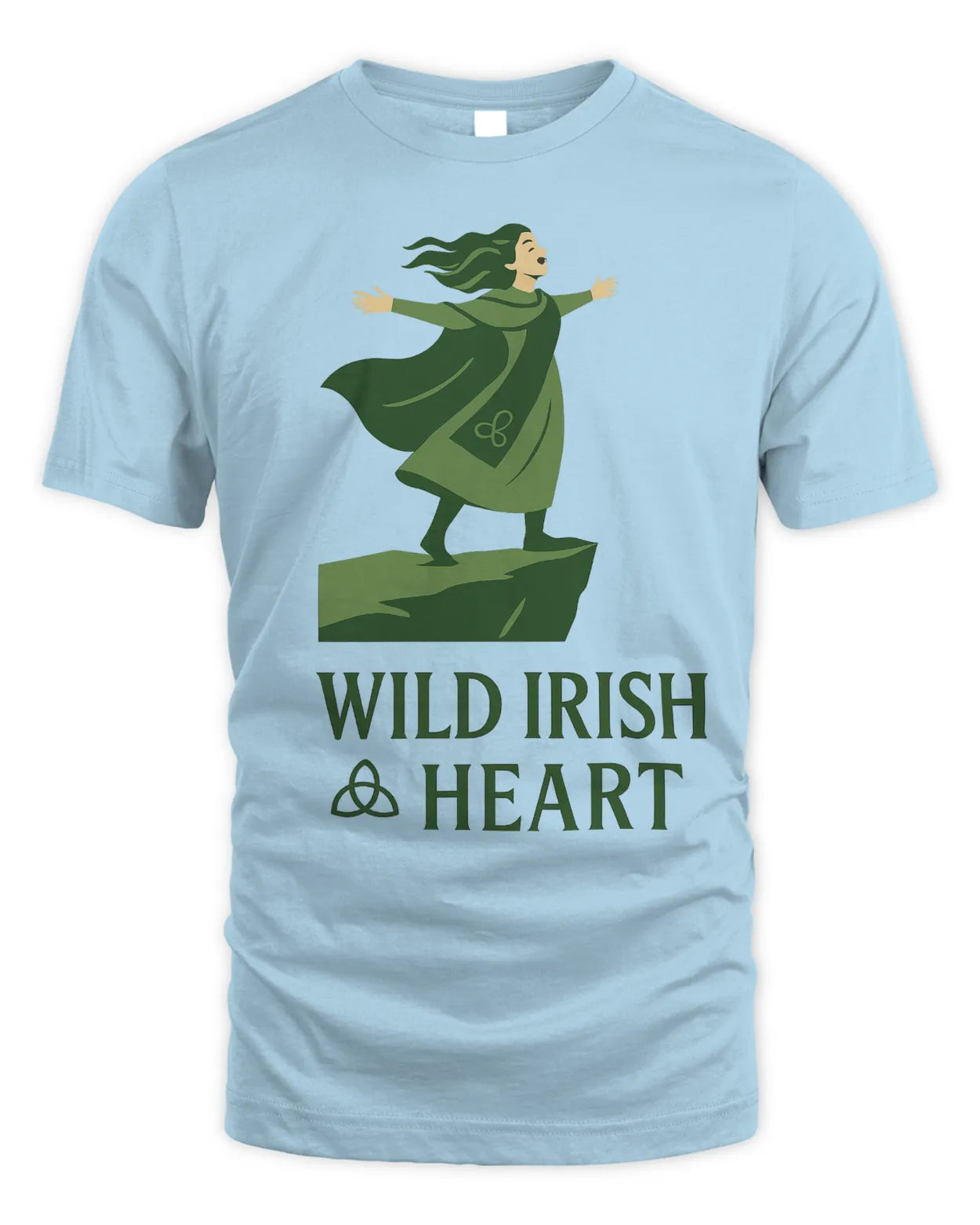 Light blue T-shirt with green illustrated Irish dancer graphic on chest, crew neck, short sleeves