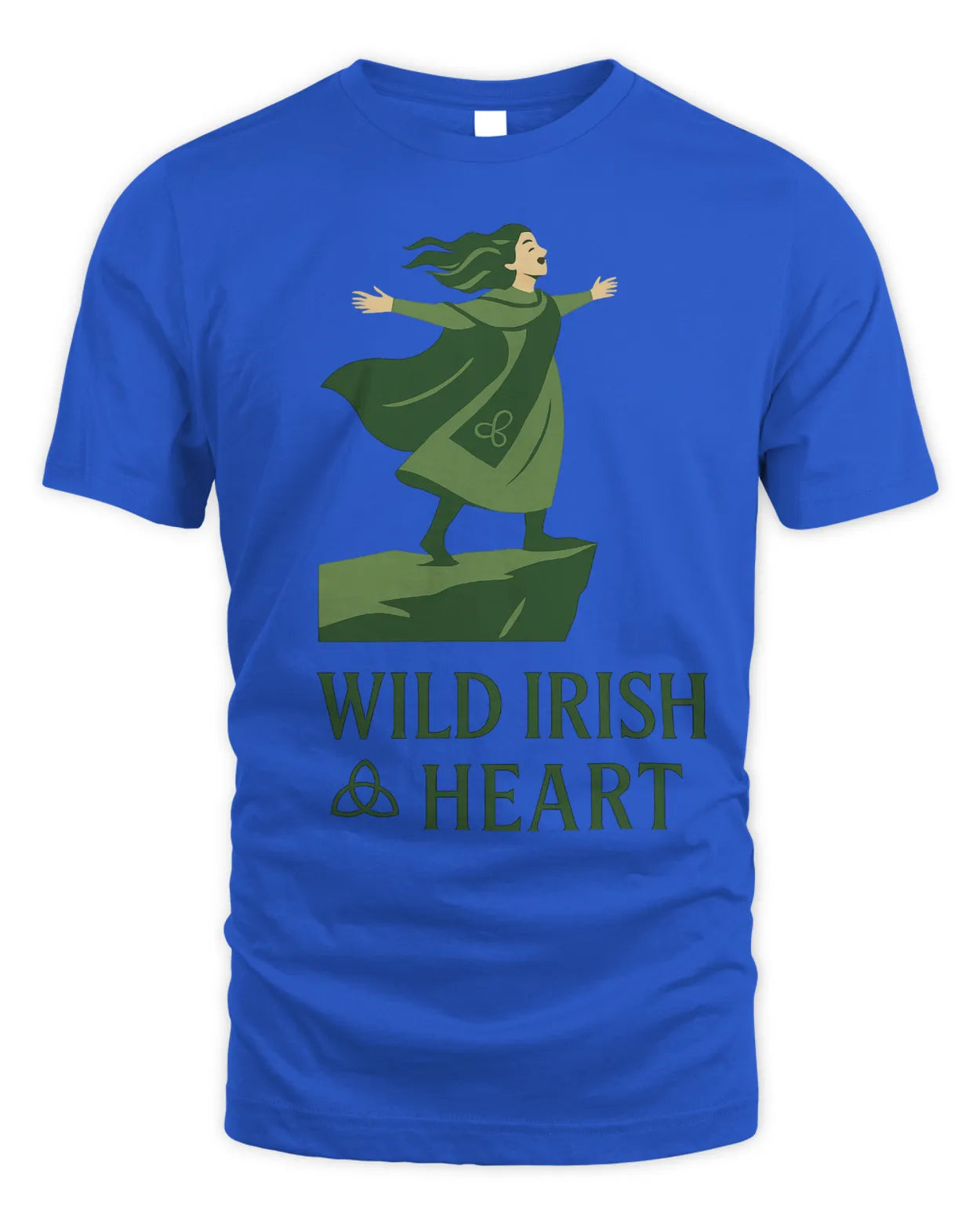 Royal blue T-shirt with green illustrated Irish dancer graphic on chest, crew neck, short sleeves