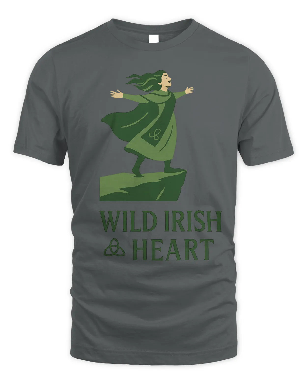 Charcoal gray T-shirt with green illustrated Irish dancer graphic on chest, crew neck, short sleeves