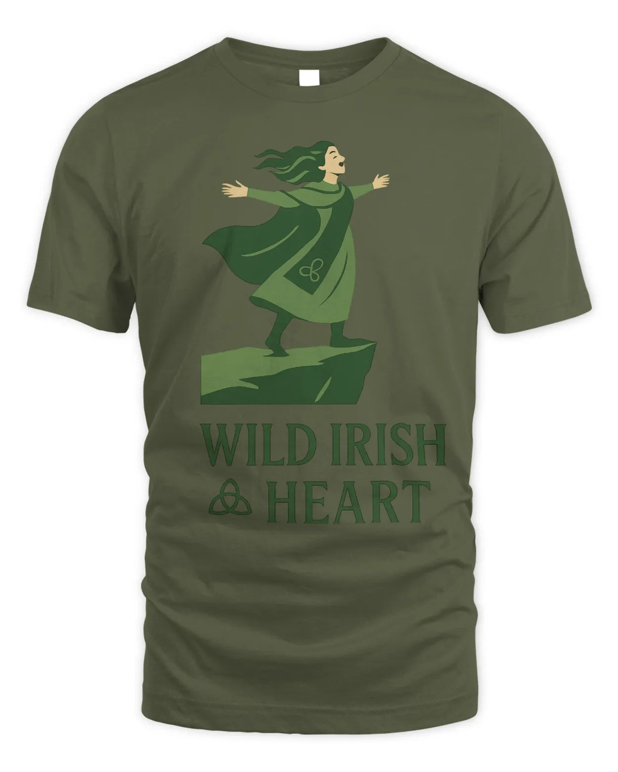 Military green T-shirt with green illustrated Irish dancer graphic on chest, crew neck, short sleeves
