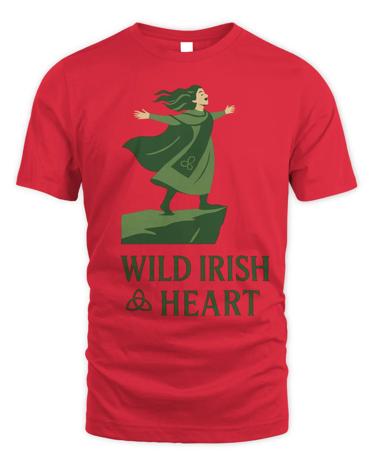 Red T-shirt with green illustrated Irish dancer graphic on chest, crew neck, short sleeves