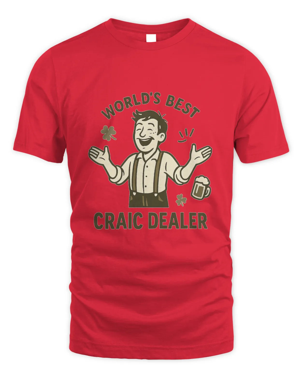 Craic Dealer T-shirt in red with 'World's Best' text and beer graphic