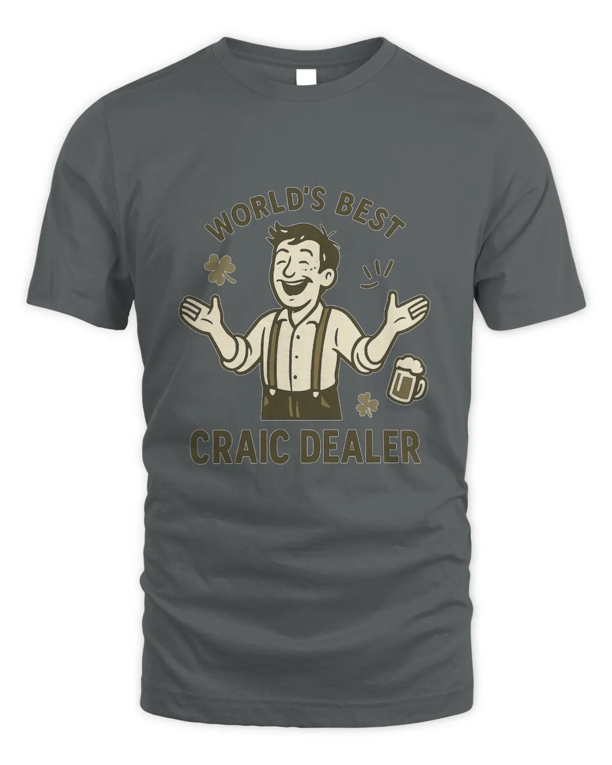 Dark gray T-shirt with clover-themed 'CRAIC DEALER' graphic on chest