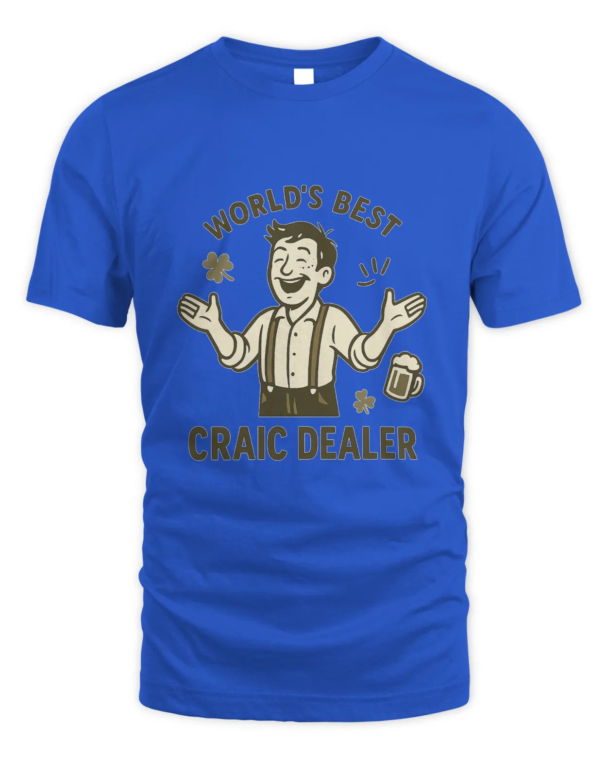 Craic Dealer T-shirt in royal blue with 'World's Best' text and beer graphic