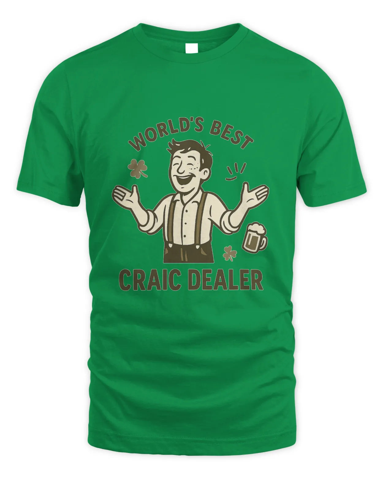 Craic Dealer T-shirt in green with 'World's Best' text and illustrated beer graphic