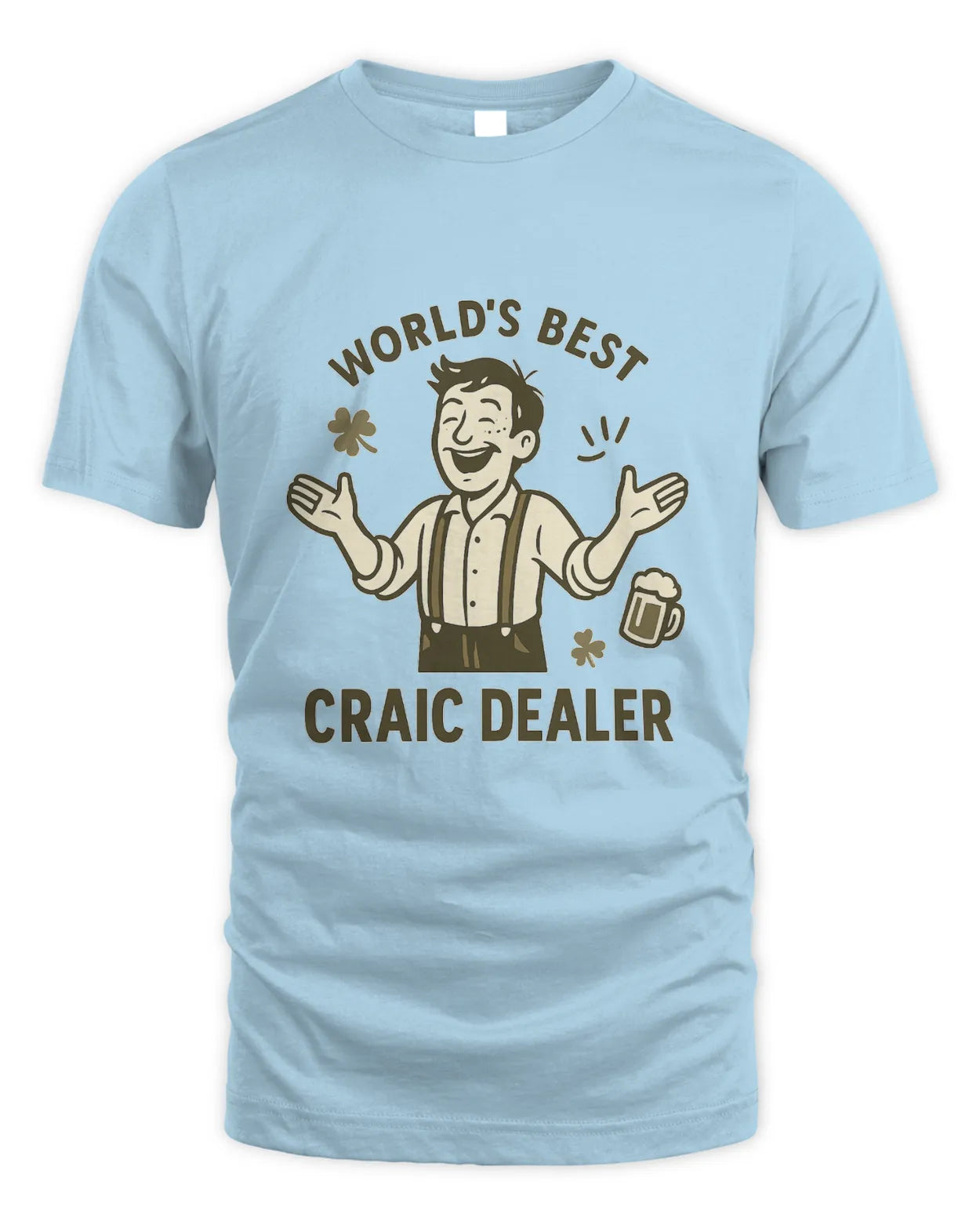 Craic Dealer T-shirt in light blue with 'World's Best' text and beer graphic