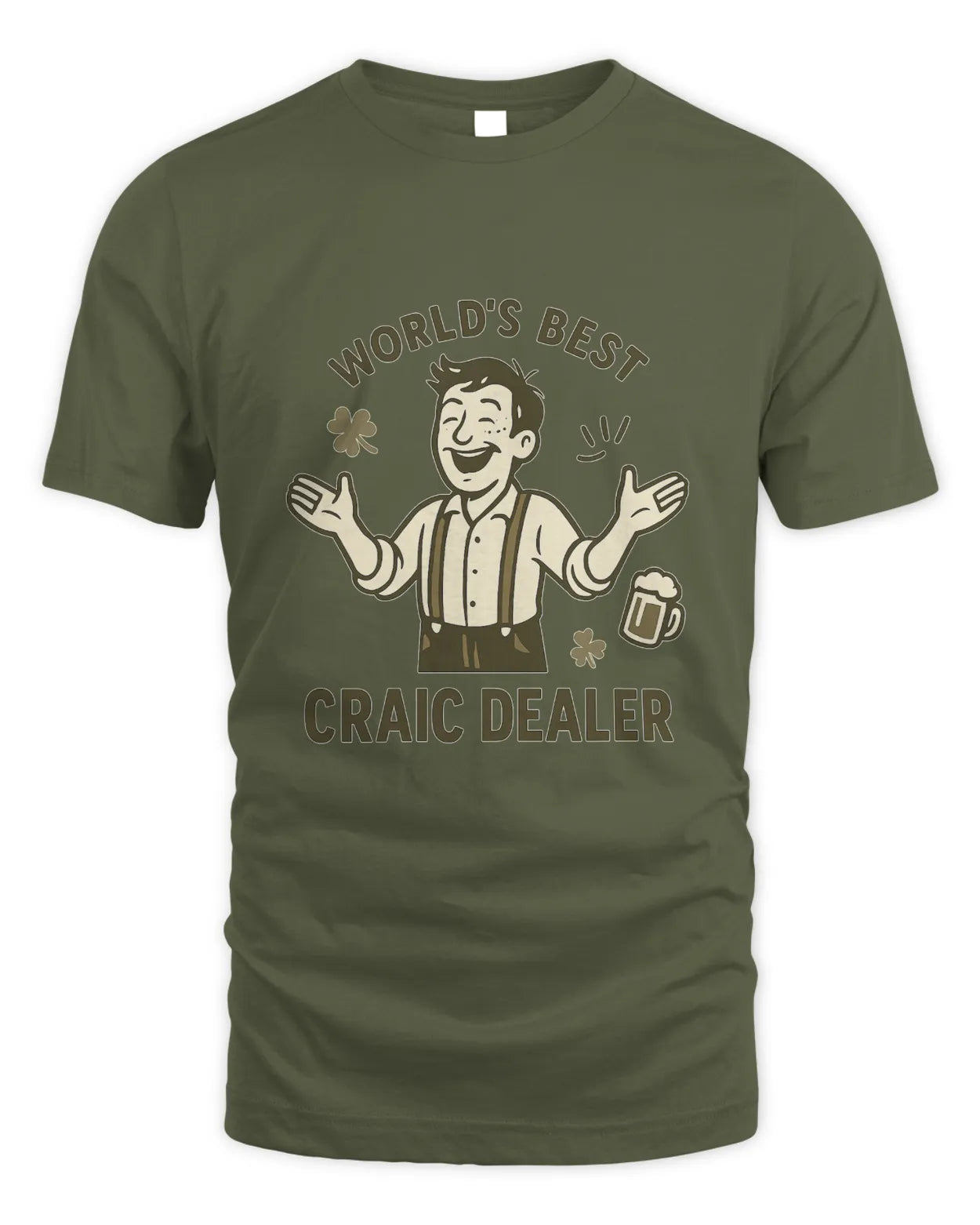 Craic Dealer T-shirt in dark olive with 'World's Best' text and beer graphic