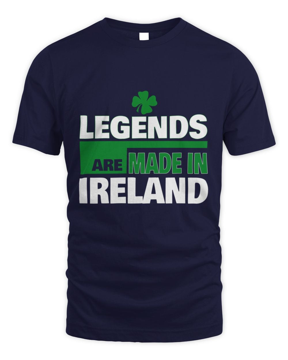 Navy T-shirt with green clover and “LEGENDS ARE MADE IN IRELAND” print