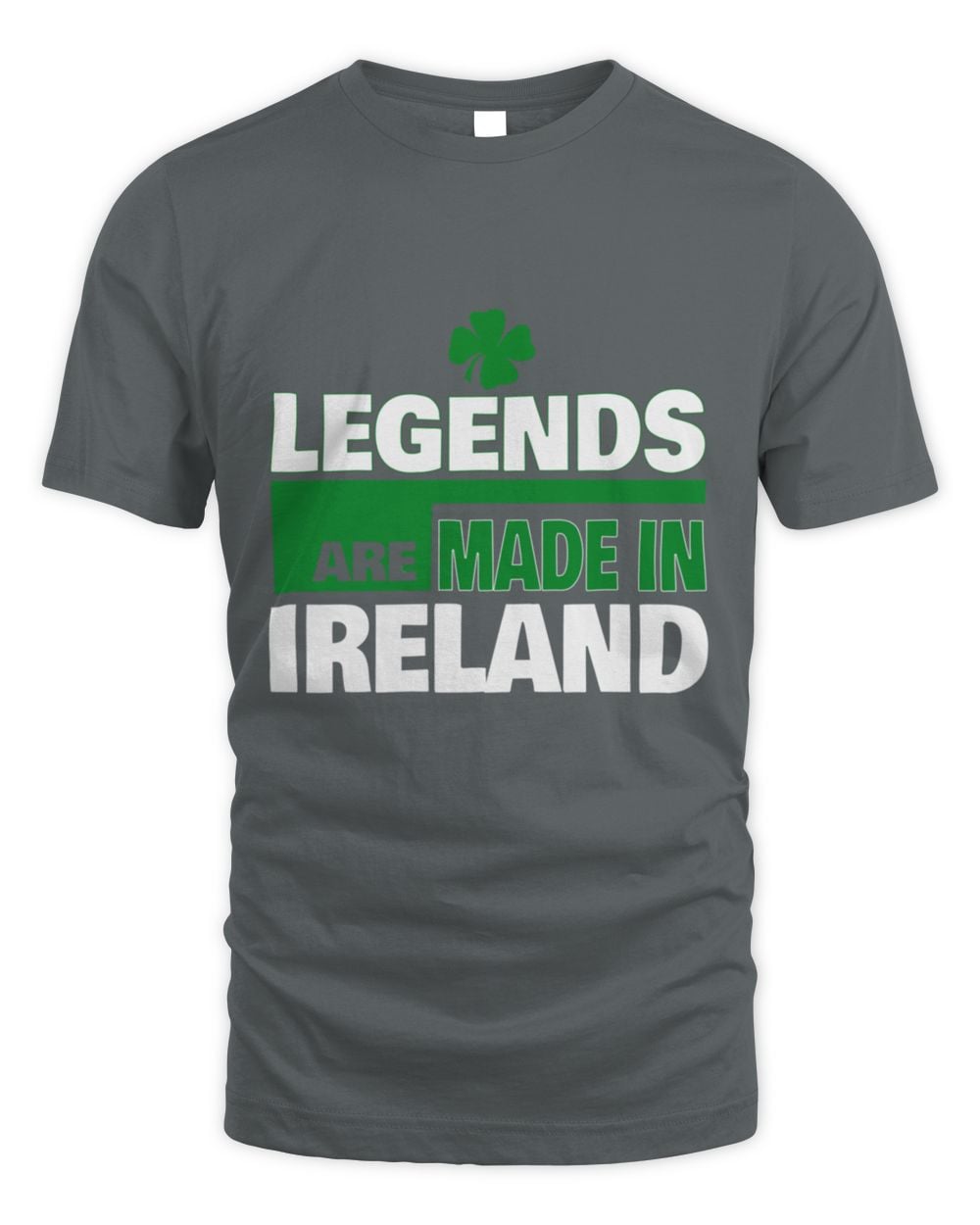 Charcoal gray T-shirt with green clover and “LEGENDS ARE MADE IN IRELAND” print