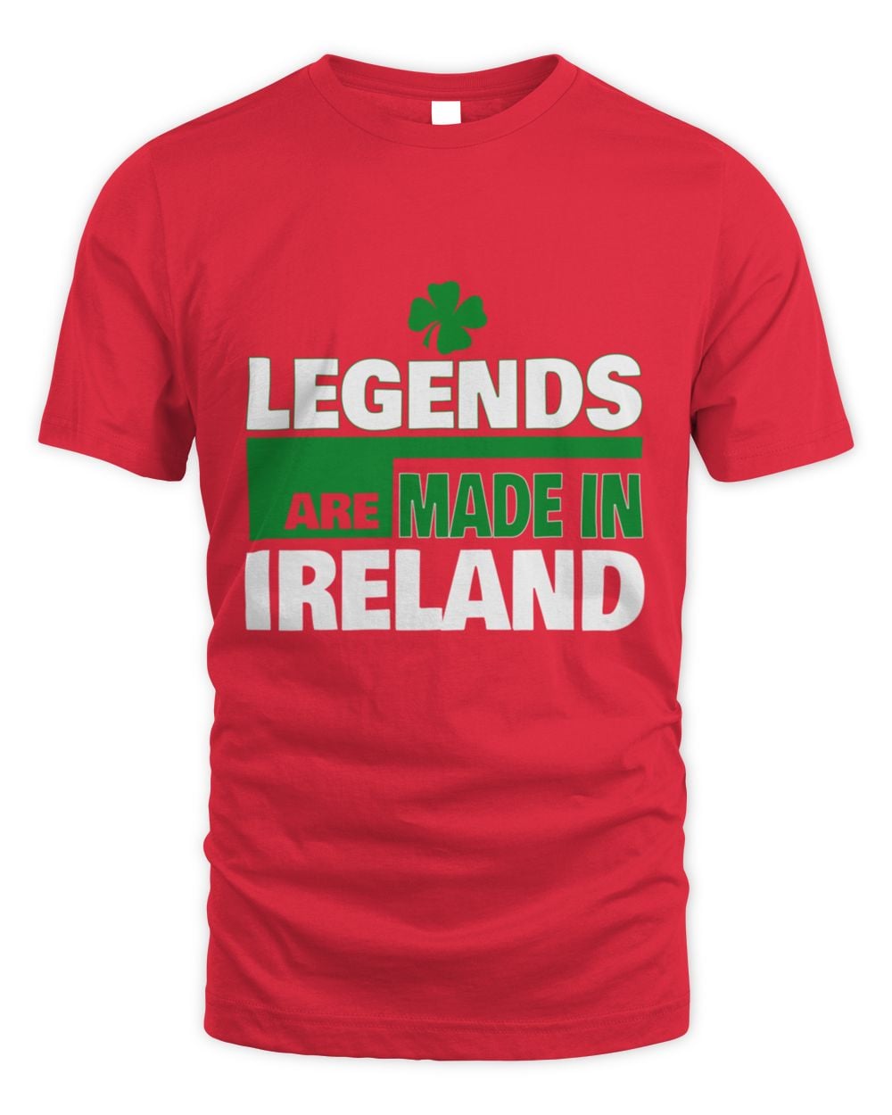 Red T-shirt with green clover and “LEGENDS ARE MADE IN IRELAND” print