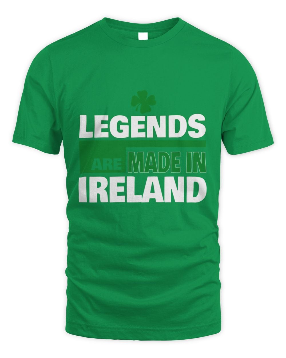 Green T-shirt with green clover and “LEGENDS ARE MADE IN IRELAND” print