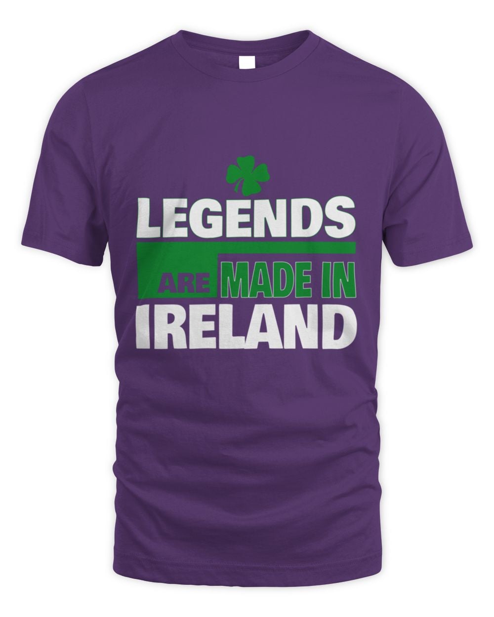 Purple T-shirt with green clover and “LEGENDS ARE MADE IN IRELAND” print