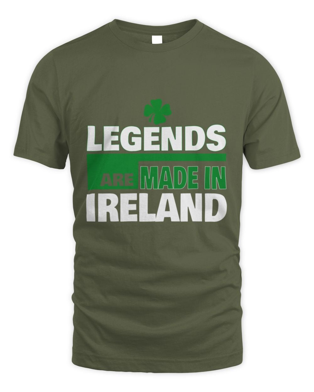 Olive green T-shirt with green clover and “LEGENDS ARE MADE IN IRELAND” print