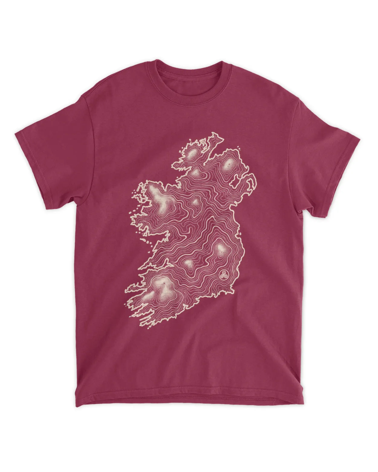 Maroon crew-neck T-shirt with white Ireland map graphic on the chest.