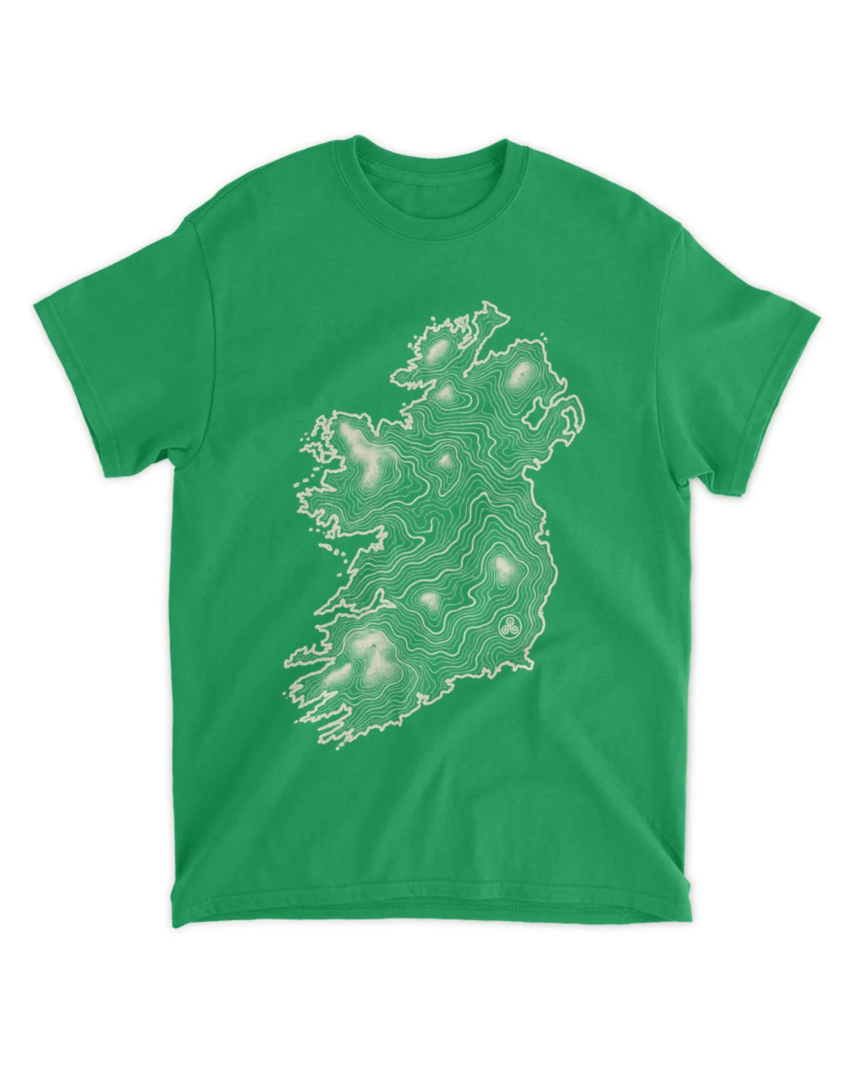 Green crew-neck T-shirt with white Ireland map graphic on the chest.