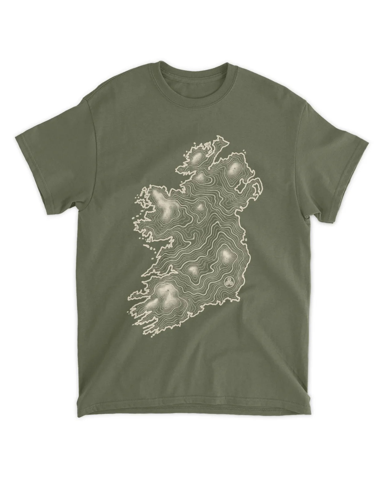 Dark olive crew-neck T-shirt with white Ireland map graphic on the chest.