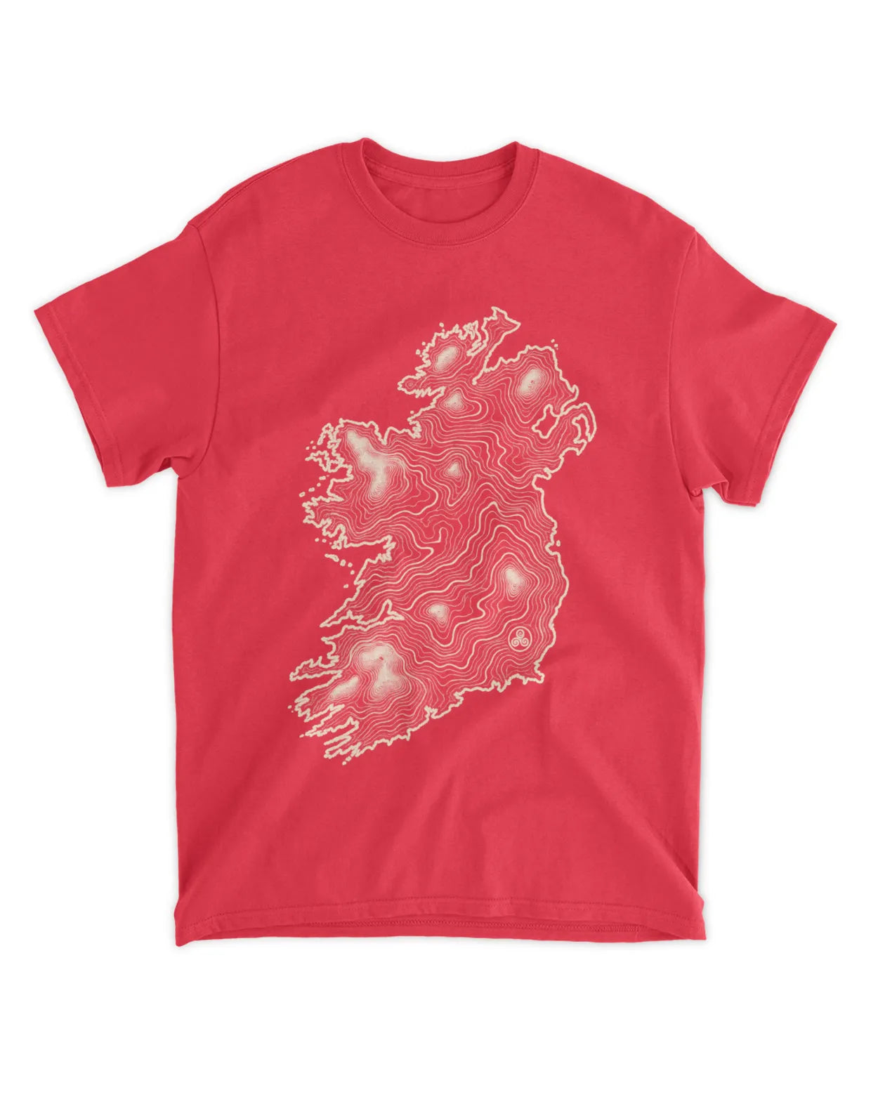 Red crew-neck T-shirt with white Ireland map graphic on the chest.