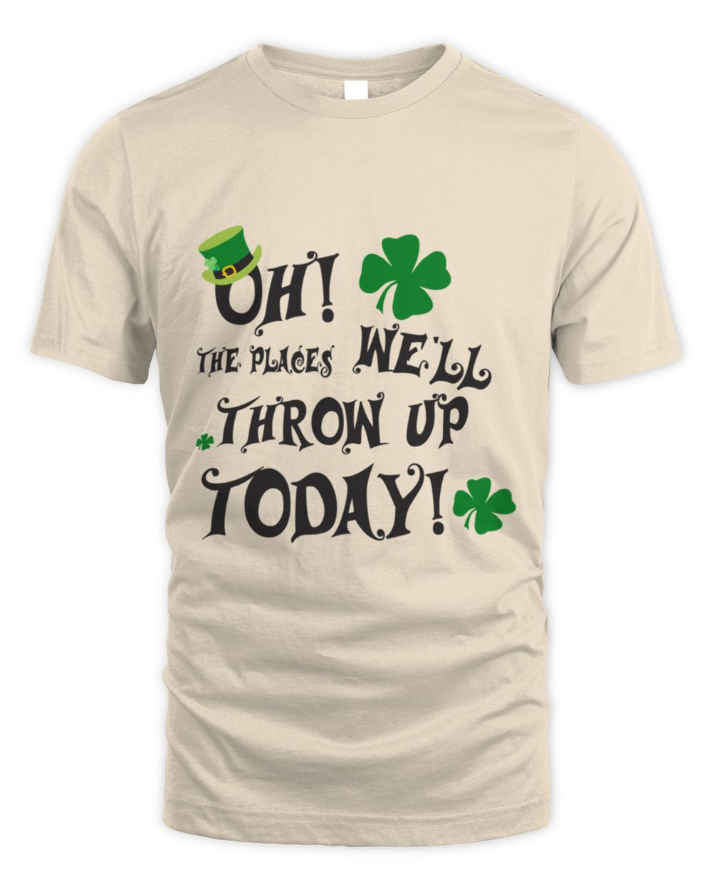 Sand St. Patrick's Day graphic t-shirt with green shamrocks and 'THROW UP TODAY!' text