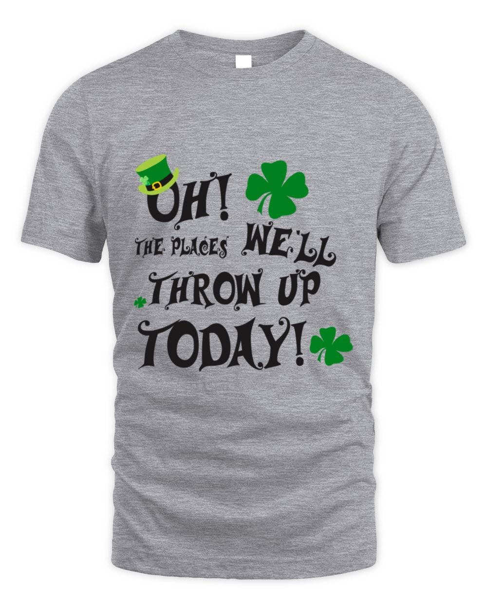 Sport gray St. Patrick's Day graphic t-shirt with green shamrocks and 'THROW UP TODAY!' text