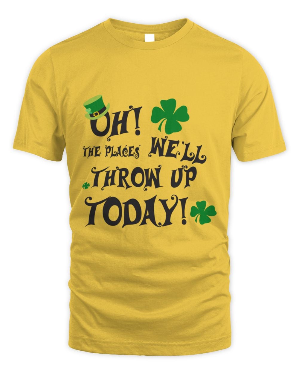 Gold St. Patrick's Day graphic t-shirt with green shamrocks and 'THROW UP TODAY!' text