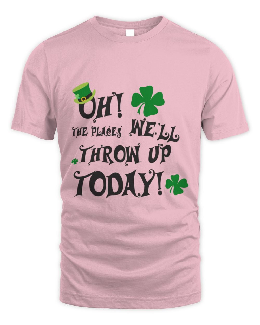Light pink St. Patrick's Day graphic t-shirt with green shamrocks and 'THROW UP TODAY!' text